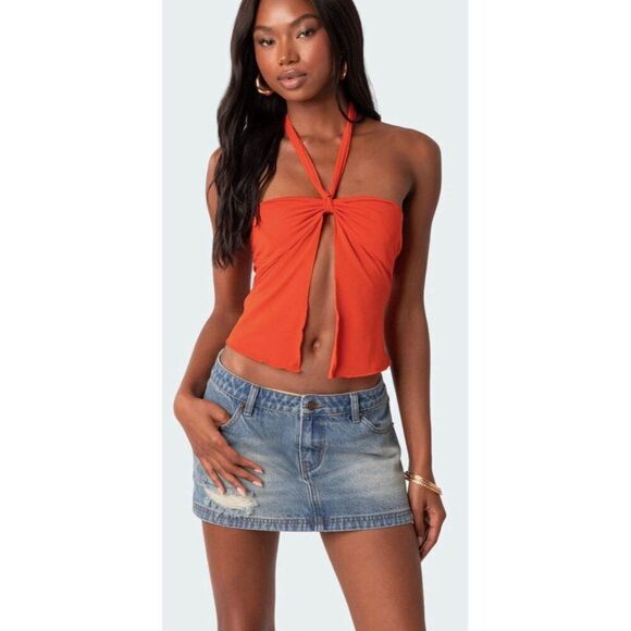 Edikted Julia Split Front Top Solid Orange Tank Halter Crop Xs - Picture 1 of 8